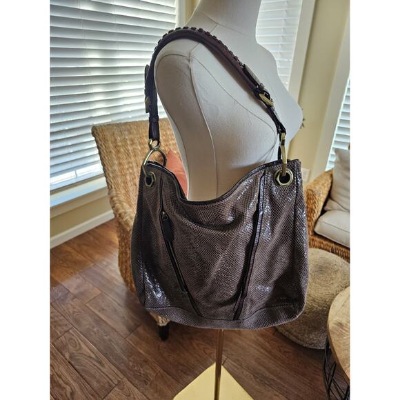 OrYany Brown Large Reptile Embossed Shoulder Bag Pockets Hobo Bohemian - Picture 1 of 16